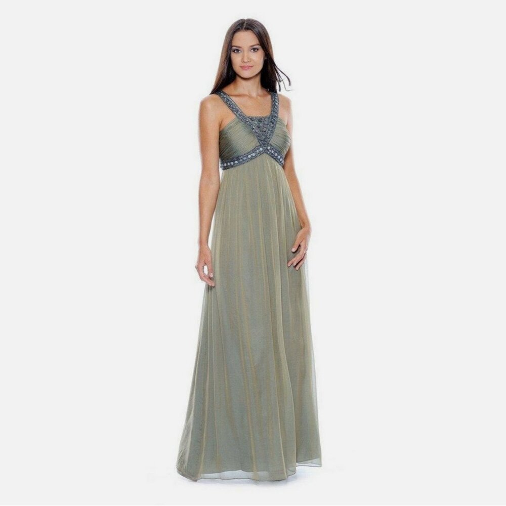 Decode 1.8 Sage Metallic Studded Silk Chiffon Gown